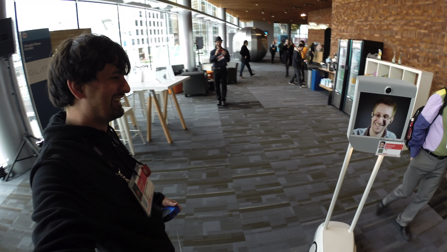 Lupashin's Fotokite selfie with Edward Snowden via Beam, the self-propelled telepresence robot that allowed Snowden to speak onstage at TED2014, Vancouver.