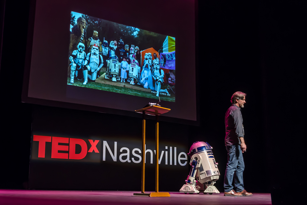 From Kermit to R2D2. Chris Lee, who is a part of the Star Wars costuming group, The 501st Legion, speaks at TEDxNashville. Photo: TEDxNashville